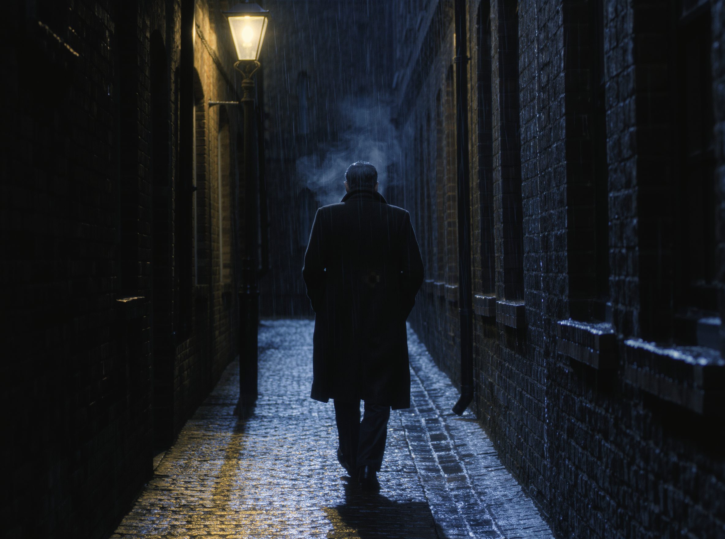 A detective walking a wet London lane at night